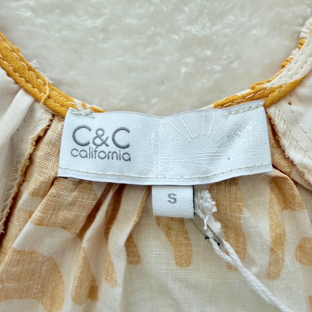 C&C California Linen Bld Tropical Tie Front Blouse Puff Sleeve Yellow Small NWT - Picture 3 of 11